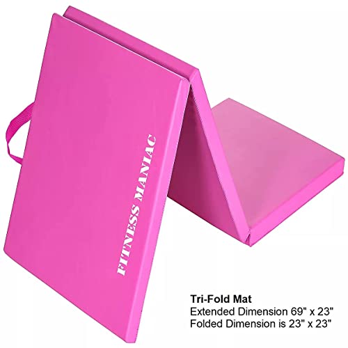 Fitness Maniac HIGH-DENSITY Firm Foam Folding Mat Thick Exercise Gymnastics Panel Gym Mats Non Slip with Carrying Handles Yoga Aerobics Workout Training - color: Tri-Fold (Pink)
