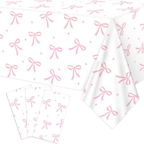 3pcs Coquette Pink Bow Tablecloth, 54 x 108 inch Bow Party Plastic Table Cover, Coquette Birthday Decorations for Bachelorette Bridal Shower, Baby Shower, Girls Birthday Party Supplies - color: Bow