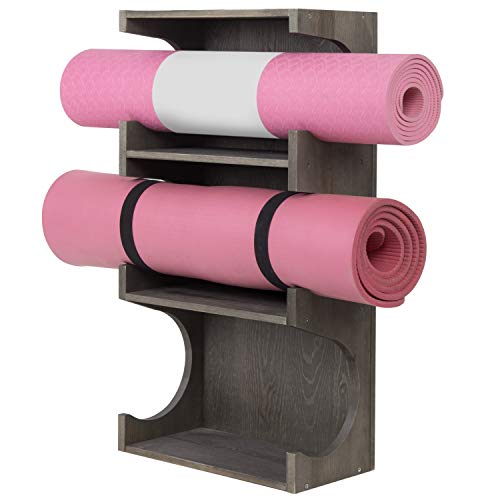 MyGift Yoga Mat Holder with Shelf, Wall Mounted 3 Tier Foam Roller Exercise Mat Storage Rack, Gray Wood Wall Organizer for Home Gym