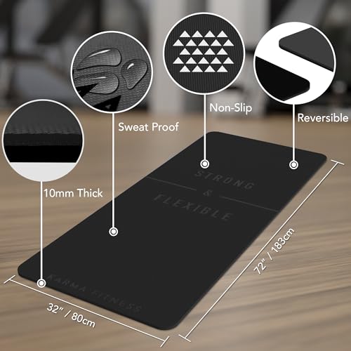 Large Workout Mat - 10mm Extra Thick Exercise Mat & Wide Yoga Mat, 72"x32" - color: Black - Engraved