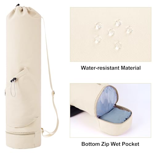 sportsnew Yoga Mat Bag with Water Bottle Pocket & Wet Pocket for Women | Yoga mat carrier fits 1/8"-3/8" yoga mats, quick-access multi-pocket organization, lightweight for gym, Pilates & studio - color: Beige, size: Medium