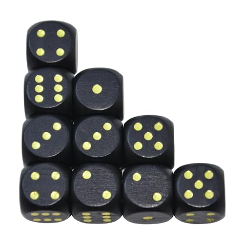 Set of 10 16MM Six Sided D6 Round Wooden Dice Set (Black) - color: Black