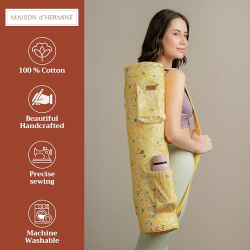 Maison d' Hermine Yoga Mat Duffle Bag Gym Tote Yoga Mat Carry Bag | Cylindrical bag for Woman Men Gifts Adjustable shoulder straps with Drawstring Water Bottle Pocket and zipper pocket - color: Colmar - Yellow, style: Yoga Mat Carry Bag