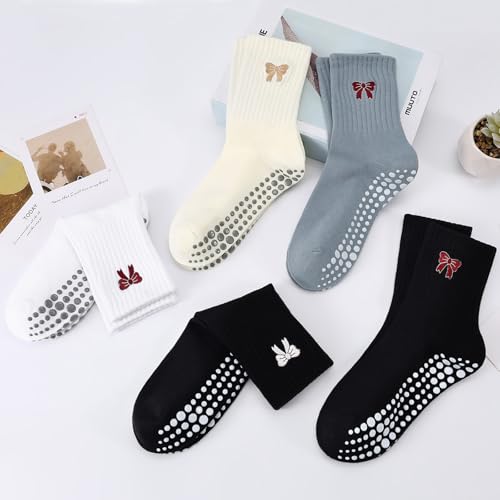Women's Pilates Grip Socks, Ruffle Non Slip Bow Pattern Yoga Socks | Grippy, Frilly Trim, Embroidery, Crew Length, Soft Cotton, Arch Support, for Barre Ballet Dance Workout Hospital Home Gifts - color: C07-black (Red Bow)*2