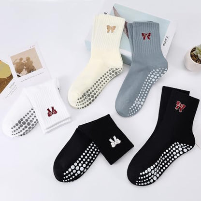 Women's Pilates Grip Socks, Ruffle Non Slip Bow Pattern Yoga Socks | Grippy, Frilly Trim, Embroidery, Crew Length, Soft Cotton, Arch Support, for Barre Ballet Dance Workout Hospital Home Gifts - color: C07-black (Red Bow)*2