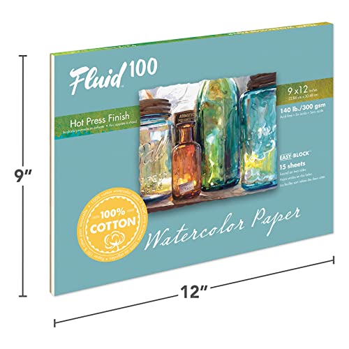 Fluid 100 Watercolor Paper Block, 9 x 12 inches, 15 Sheets, 140 lb (300 GSM) 100% Cotton Hot Press Pad for Artist Painting and Wet Media - size: 9 x 12