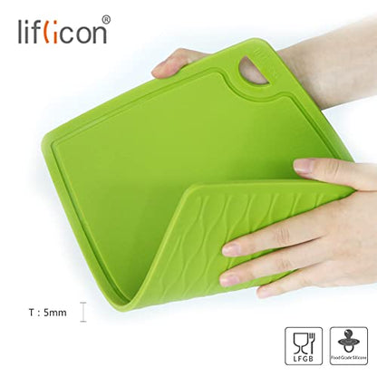 Liflicon Thick Cutting Boards for Kitchen Silicone Chopping Board Set of 2 Mid 12.6'' x 9.1”,Mini 9.1”x7.1” Non-slip Deep Drip Juice Groove Easy Grip Handle,Dishwasher Safe-Green - color: Green, size: S+M