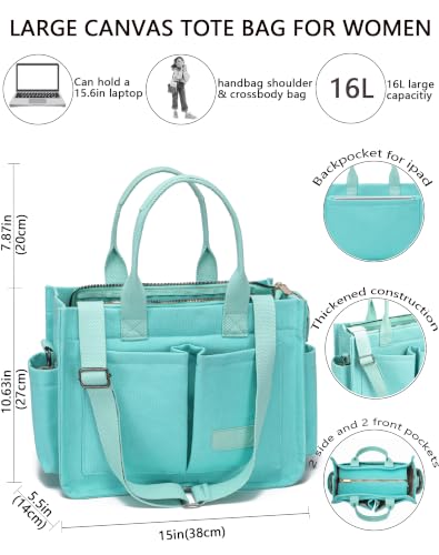 ZHMO Canvas Tote Bag for Women,Women's Bags Crossbody Bags Work Laptop Tote Bag Large Handbags Purse for Travel Nurse Teacher - color: New Upgrade Plus Green With Compartments and Inner Cup Holder