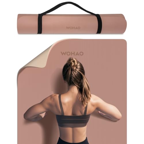 8mm Extra Wide 80cm Yoga Mat Non Slip | Spacious 80cm x 72" mat for tall users, gym, pilates. POE, reversible dual-color, non-slip, tear-proof, odorless, strap. - color: Brown+Apricot