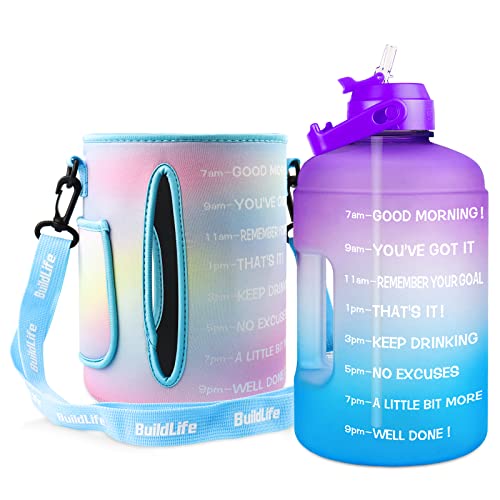 QuiFit 1 Gallon Water Bottle - with Straw & Motivational Time Marker Leak-Proof BPA Free Reusable Gym Sports Outdoor Large(128OZ/73OZ) Capacity Water Jug - color: QFC5 Purple/Blue Gradient with Sleeve, size: 128 Ounces