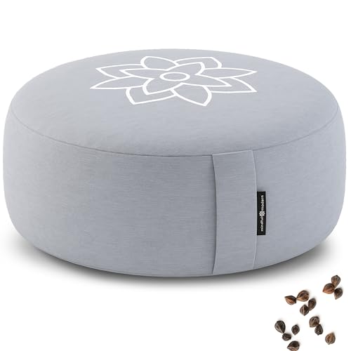 Mindful & Modern Large Meditation Cushion for Zafu Yoga - Meditation Pillow for Sitting on the Floor - Buckwheat Hull Filled Yoga Cushion with Removable, Washable 100% Cotton Cover and Carry Handle - color: Round - Grey