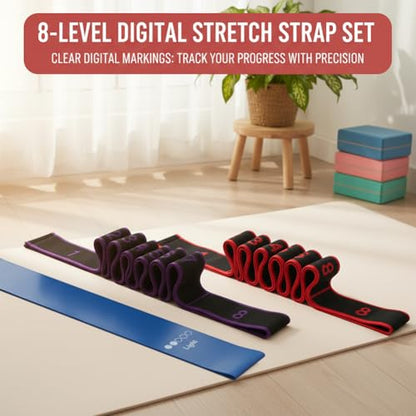 2 Pack Numbered 8 Loop Stretching Strap, Multi-Loop Fitness Resistance Bands for Yoga, Gymnastics, Pilates, Elastic Training Band with Markings, Includes Extra Elastic Loop Band for Home Gym Workout