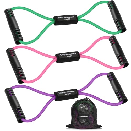RENRANRING Figure 8 Fitness Resistance Bands with Handles - Exercise Tube Band Set of 3 for Arm and Shoulder Stretch, Rope 8 Word Elastic for Women and Men - color: Green, Pink, Purple, size: 3pcs