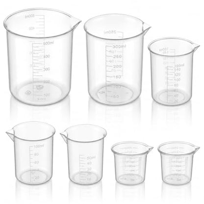 7 Pcs Plastic Graduated Beakers, 30/50/100/150/200/500ml Transparent | Plastic Measuring Cups for Kitchen Lab, Graduated Beaker for Epoxy and Resin, Mixing Cups for Crafts and Science, Clear