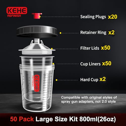 Disposable Paint Cups for Spray Gun,Mixing Cups 26 Ounce (800ml) Kit with 50 Cups and Lids with Strainer System for HVLP&LVLP,2 Hard Cups with Retainer Ring,20 Plugs,3 Caps,2 Adapters,1 Wash Bottle - size: 26 oz (Large)-50Pack