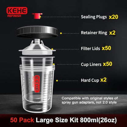 Disposable Paint Cups for Spray Gun,Mixing Cups 26 Ounce (800ml) Kit with 50 Cups and Lids with Strainer System for HVLP&LVLP,2 Hard Cups with Retainer Ring,20 Plugs,3 Caps,2 Adapters,1 Wash Bottle - size: 26 oz (Large)-50Pack