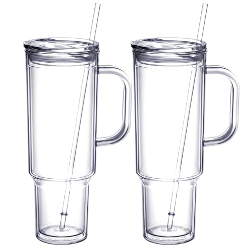 MEWAY 40 oz Acrylic Tumbler with Handle and Straw Lid，Double Wall Vacuum Reusable plastic Water Bottle Travel Mug Cup，Classic Tumblers Cupholder Friendly (2 Pack)