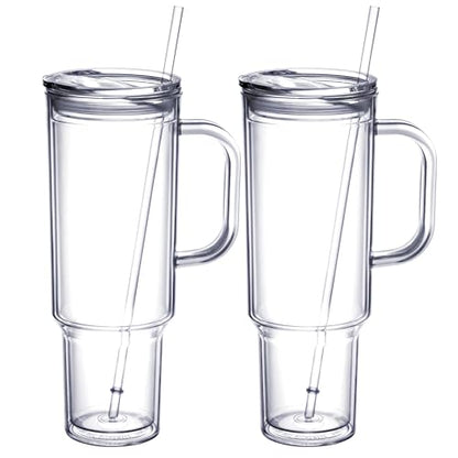 MEWAY 40 oz Acrylic Tumbler with Handle and Straw Lid，Double Wall Vacuum Reusable plastic Water Bottle Travel Mug Cup，Classic Tumblers Cupholder Friendly (2 Pack)