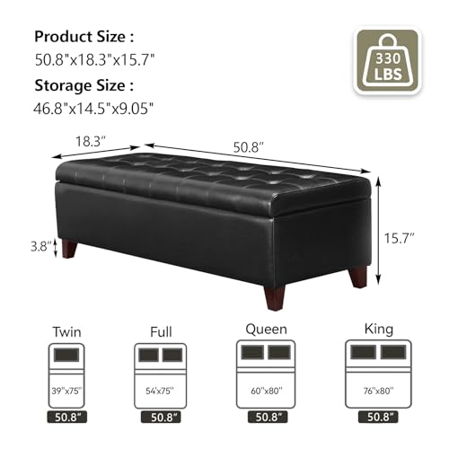 Joveco 51 Inch Storage Bench,Leather Tufted Storage Ottoman with Legs - color: 51", Pure Black
