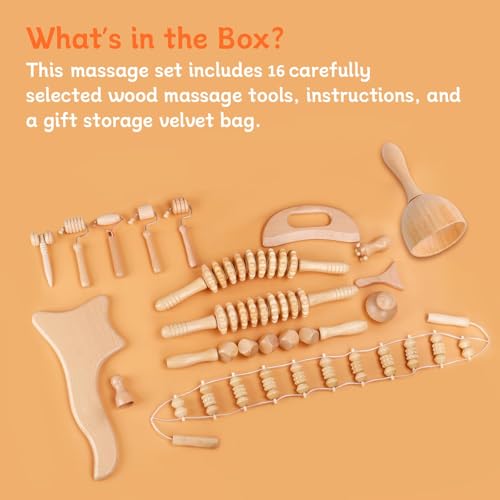 16-in-1 Wood Therapy Massage Tools Gua Sha, Maderoterapia Kit Muscle Pain Relief, Lymphatic Drainage, Body Sculpting Kit with Facial Wood Roller Fascia Massage - color: 16pcs