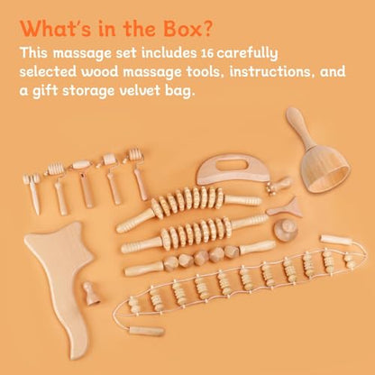 16-in-1 Wood Therapy Massage Tools Gua Sha, Maderoterapia Kit Muscle Pain Relief, Lymphatic Drainage, Body Sculpting Kit with Facial Wood Roller Fascia Massage - color: 16pcs