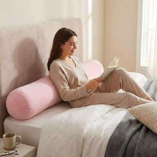 Chunful Body Pink Pillow for Adults 47" x 7.87" Long Lumbar Bolster Pillow with Removable Flannel Cover Pink Round Body Roll Cylinder Cushion for Bed Sofa Sleeping Lumbar Support