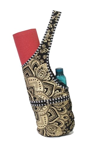 INDIAN CRAFT CASTLE Yoga Mat Bag | Tote Mat Bag | Sling Yoga Tote w/Large Side Pocket & Zipper Pocket | Yoga Mat Carrier Fits Most Size Mats - color: Black Gold