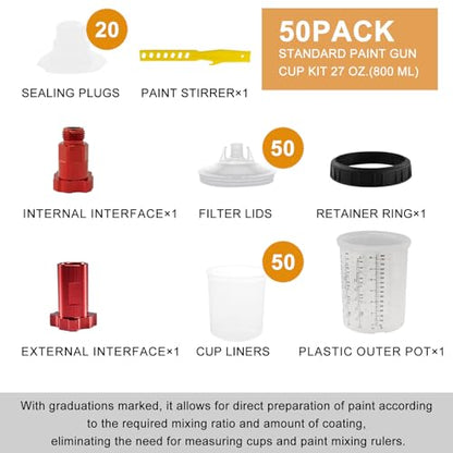 RRJ Disposable Paint Cup Automotive Spray Gun Paint System, for LVLP/HVLP Spray Gun Kit 27 Ounce(800ML) Mixing Cups with 50 Liners and Lids, 1 Hard Cup with Retainer Ring, 2 Adapter, Stirrer - color: 27 Ounce (800ml) Kit-50PCS