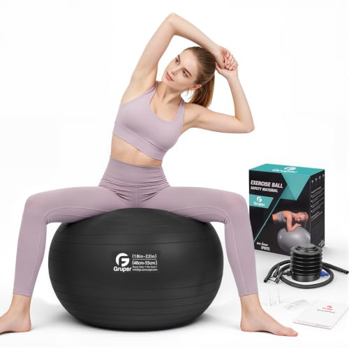 Gruper Exercise Ball, Extra Thick Yoga Ball for Working Out, Yoga & Pregnancy, 4 Sizes Anti-Burst Balance Ball with Foot Pump for Pilates, Physical Therapy & Fitness - color: black, size: M(22IN/55cm)