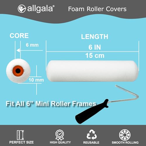 Allgala 12-Piece 6 inch Shedless Mini Foam Sponge Paint Roller Cover for Trim Wall Funiture Doors Etc - TH10386 - size: 6" Foam (Pack of 12)