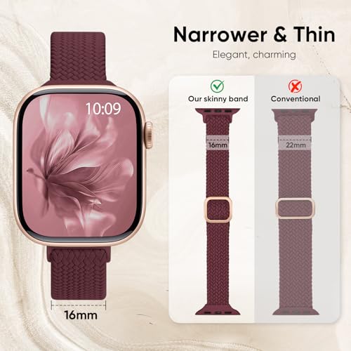 Slim Braided Stretchy Band Compatible with Apple Watch Bands Women | 40mm 41mm 42mm 38mm 44mm 45mm 46mm 49mm Thin Elastic Nylon Solo Loop Strap ,Wristband for iWatch Series 11 10 9 8 7 6 5 4 SE - color: Dark Wine, size: 44/45/46/49mm