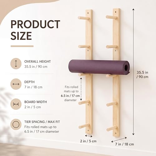 Cinnvoice 5 Tier Wooden Yoga Mat Holder Wall Mount, Adjustable Width | 35.4 x 7 x 2 Inches, Yoga Mat Storage Rack, Customizable Spacing for Foam Roller Home Gym Equipment Organizer Pilates Class