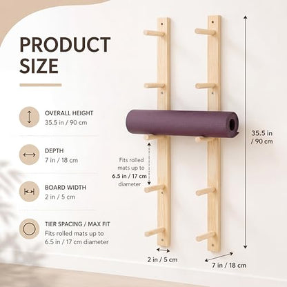 Cinnvoice 5 Tier Wooden Yoga Mat Holder Wall Mount, Adjustable Width | 35.4 x 7 x 2 Inches, Yoga Mat Storage Rack, Customizable Spacing for Foam Roller Home Gym Equipment Organizer Pilates Class