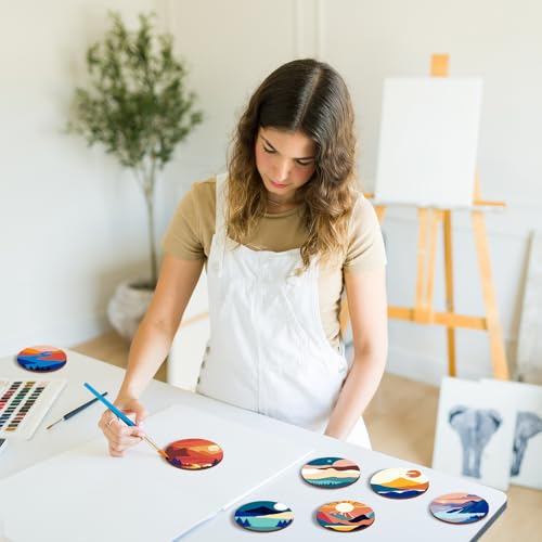 Reallnaive 8 Pcs Mountain Paint by Numbers Kit for Adults Wooden Coasters | Mini Paint by Numbers, Tiny Landscape Round Oil Painting Drink Coaster with Holder, for Small DIY Craft Birthday Gift - style: Mountain