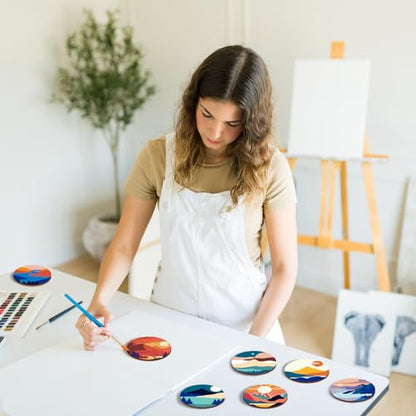 Reallnaive 8 Pcs Mountain Paint by Numbers Kit for Adults Wooden Coasters | Mini Paint by Numbers, Tiny Landscape Round Oil Painting Drink Coaster with Holder, for Small DIY Craft Birthday Gift - style: Mountain