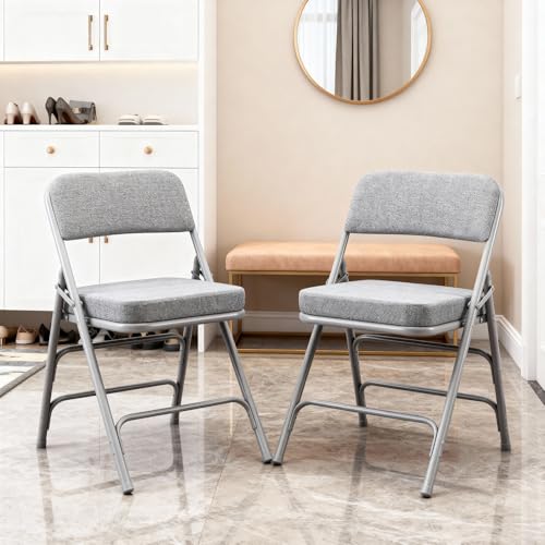 Folding Chair with Thick Cushioned Seat, 2 Pack, Portable Metal Frame Foldable Chair for Indoor & Outdoor Durable and Comfortable Upholstered Chair for Home, Office, and Events, Grey - color: Linen-gray X2