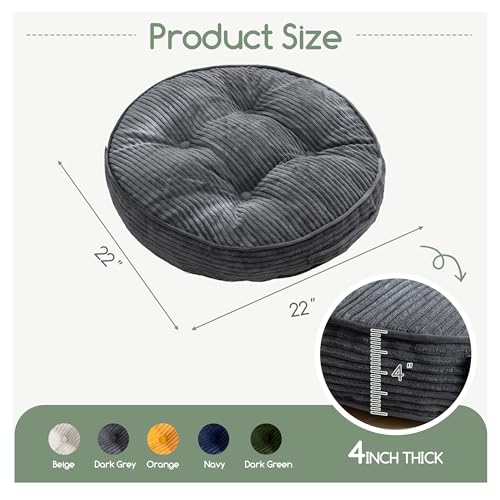 HIGOGOGO Floor Pillow Cushion for Adults, Meditation Cushion Pillow, Large Round Floor Sitting, Removable Tufted Corduroy Cover, for Tatami Living Room or Yoga, 22x22 Inch, Dark Grey - color: Round Dark Grey, size: 4" Thick(Pack of 1)