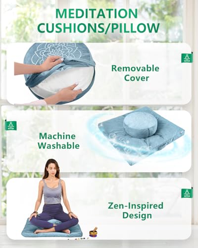Hihealer Meditation Cushion, Traditional Tibetan Velvet Meditation Pillow | Buckwheat Yoga Bolster, Large Floor Cushion & Pillow for Adults, Zafu Zabuton Set, Zen Meditation Mat - color: Blue