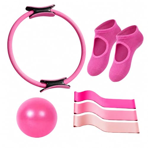 Pilates Ring and Ball Set, 6 Pcs Home Pilates Kit with 13” Circle Circle Yoga Ring 3 Resistance Bands 9.8” Pilates Ball Pilates Grip Socks, Pilates Essential Kit for Women Girl Home Workouts - size: 6 PCS