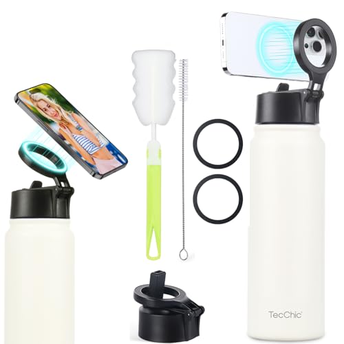 Insulated Water Bottle with Magnetic Phone Holder Compatible with MagSafe and iPhone,Double-Sided Magnet,Hot 12H Cold 24H,Stainless Steel Water Bottle Phone Mount for Sports Travel,27oz (Ivory) - color: Ivory