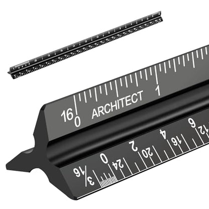 Architectural Scale Ruler, Imperial Measurements 12'', Laser-Etched Aluminum Architect Triangular Ruler Black for Architects, Students, Draftsman, and Engineers by mveohos | Black, Laser-Etched Aluminum Architect Triangular Ruler for Architects, Students,