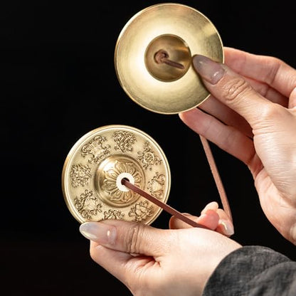 Tibetan Meditation Bell, Brass Tingsha Cymbals with Cloth Bag - size: Eight Symbols