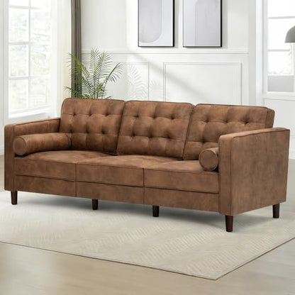 84" Suede Leather Modern Sofa with Bolster Pillows, Brown - color: Brown, size: 84" Sofa