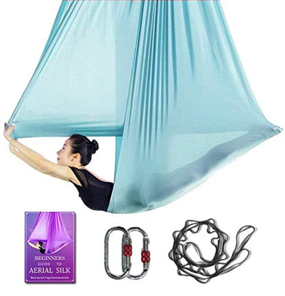 Aerial Yoga Hammock L:5M W:2.8M 5.5 Yards Aerial Pilates Silk Yoga Swing Set with 2000 Ibs Load Include Daisy Chain, Pose Guide - color: Lake Blue