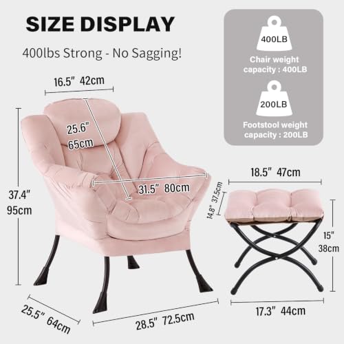 Tiita Lazy Chair with Ottoman, Comfy Reading Accent Chair, Velvet Pink | Foldable Footrest, Padded Seat and Backrest, Side Pocket for Lounging in Living Rooms, Bedrooms, Dorms and Small Spaces - color: Pink