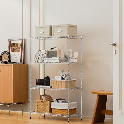 M MZG 1000 lbs 4Tier Shelf Metal Storage Shelves Wire Rack Closet Organizers with Wheel for Garage Kitchen Bathroom Laundry Chrome 13.7" D x 29.5" W x 47.2" H - color: Chrome, size: 4 tiers, 13.7"D x 29.5"W x 47.2"H