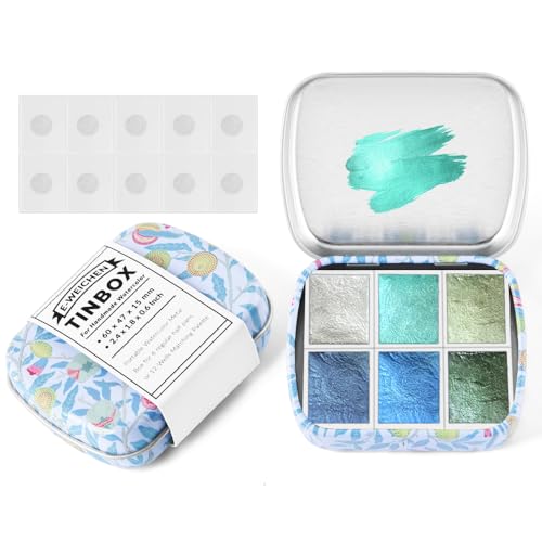Art Supplies Handmade Watercolor Paint Set - 6 Metallic Gold Colors Half Pans Glitter Solid Water Color- Metal Case Sparkle Pearlescent Watercolour for Artists. White Blue - color: Solid Pigments-white Blue