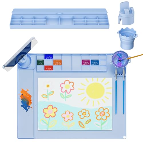 Silicone Art Mat for Kids Silicone Painting Mat Silicone Painting Station with Detachable Cup,Palette with Lid &360°Phone Holder Craft Mat for Kid Paint Mat with Bulit-in Brush Rest&Ruler 20"X16" Blue