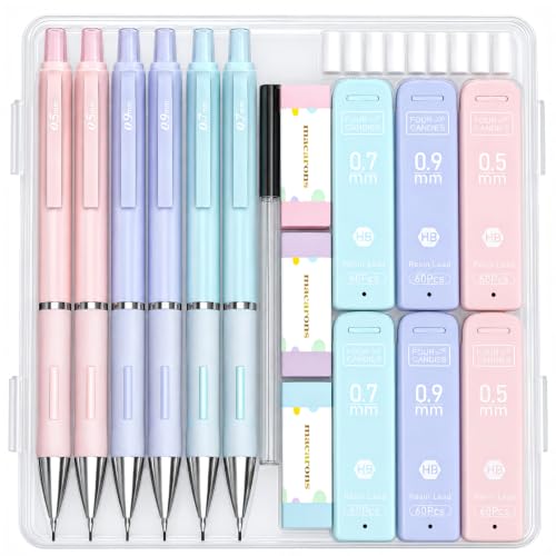 Four Candies 6-Pack Pastel Mechanical Pencil Set with Case, Three Sizes | 0.5/0.7/0.9mm, 360 Leads, 3 Erasers+9 Refills, Cute Pink/Purple/Blue Barrels, Non-Slip Grip, For Writing, Notes & Drawing - style: 0.5mm+0.7mm+0.9mm