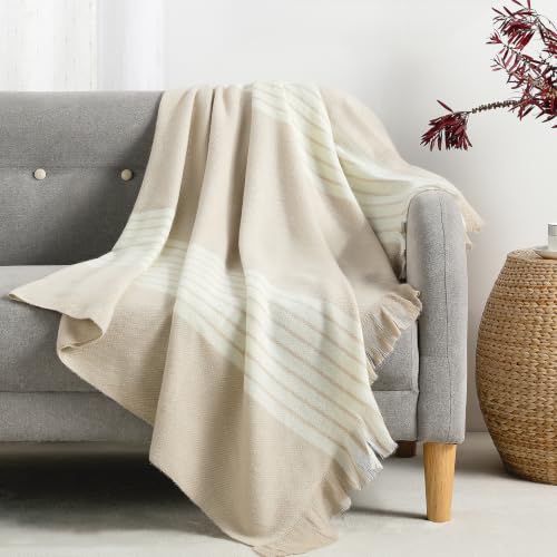 BOURINA Throw Blanket Boho Striped Fringe Throw, Lightweight Woven Tassel Decorative Blanket for Couch Sofa Bed, Farmhouse Accent Blanket for Living Room Bedroom，Beige 50x60 inches - color: Stripes-beige